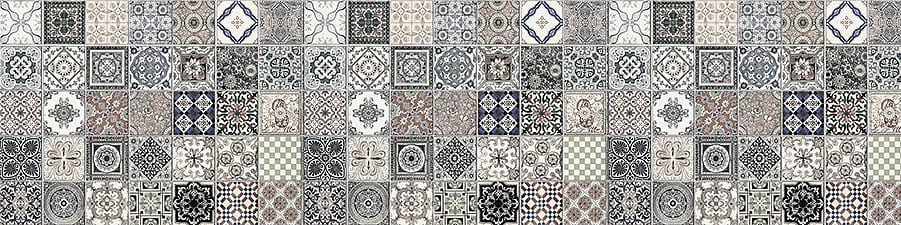 Patchwork de carreaux anciens à motifs géométriques noirs, blancs et gris, tous différents