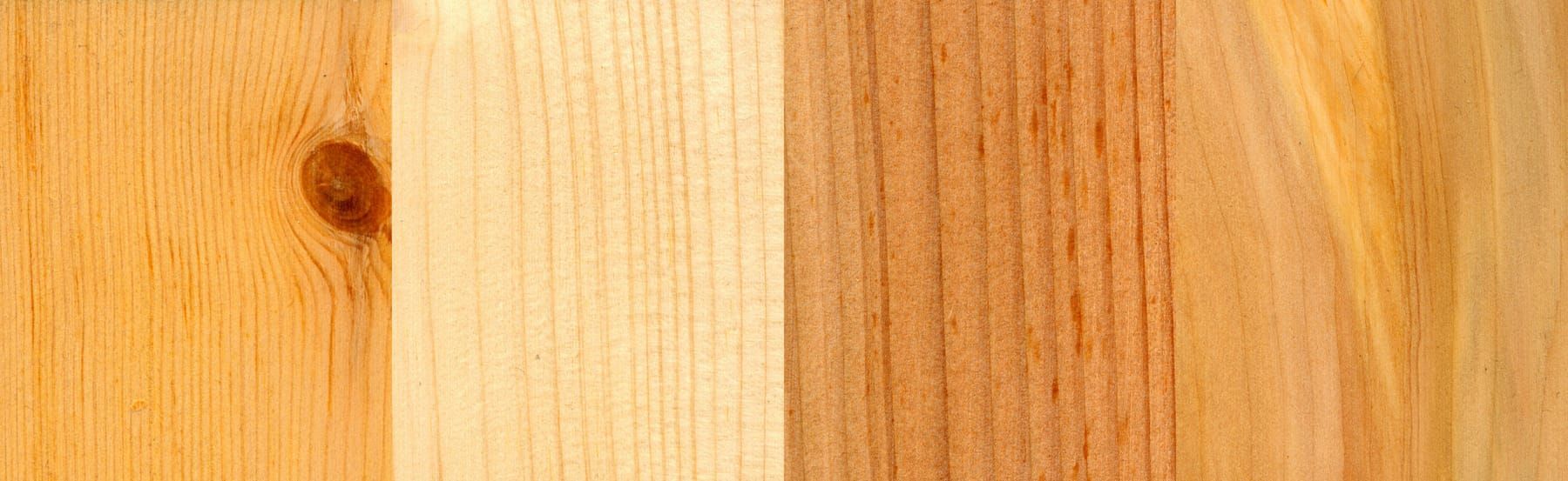 Quatre échantillons de bois résineux côte à côte, veinages droits et nœuds apparents